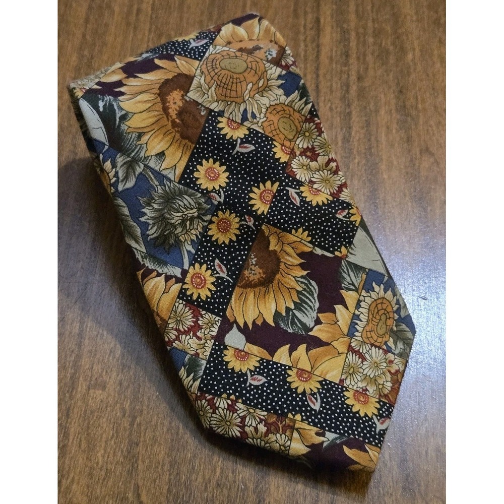 Vintage Beans McGee 100% Woven Cotton Tie Made In USA Sunflowers 56.5 x 4